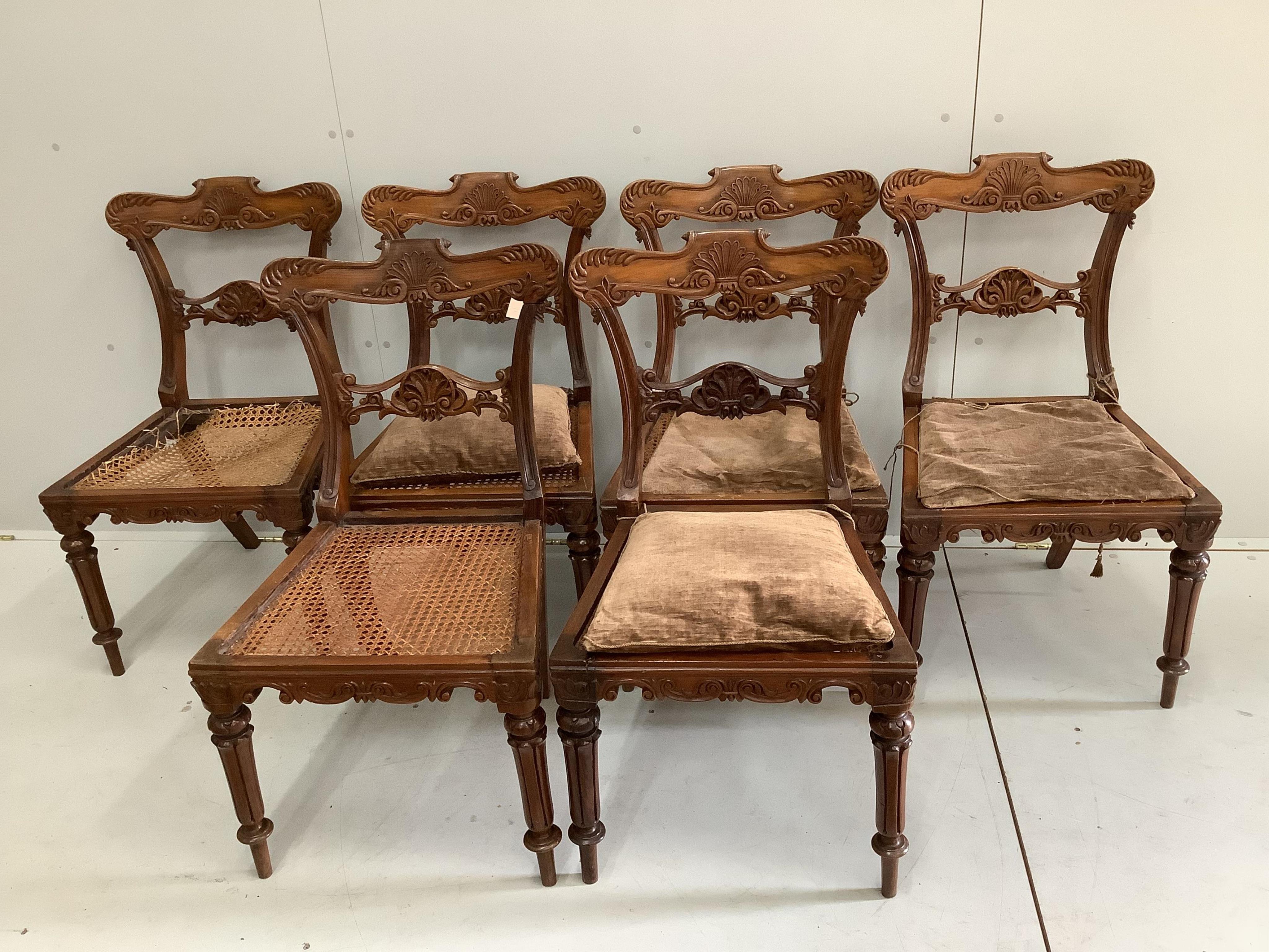 A set of six 19th century Gillows style dining chairs. Condition - fair, one cane seat in need of repair